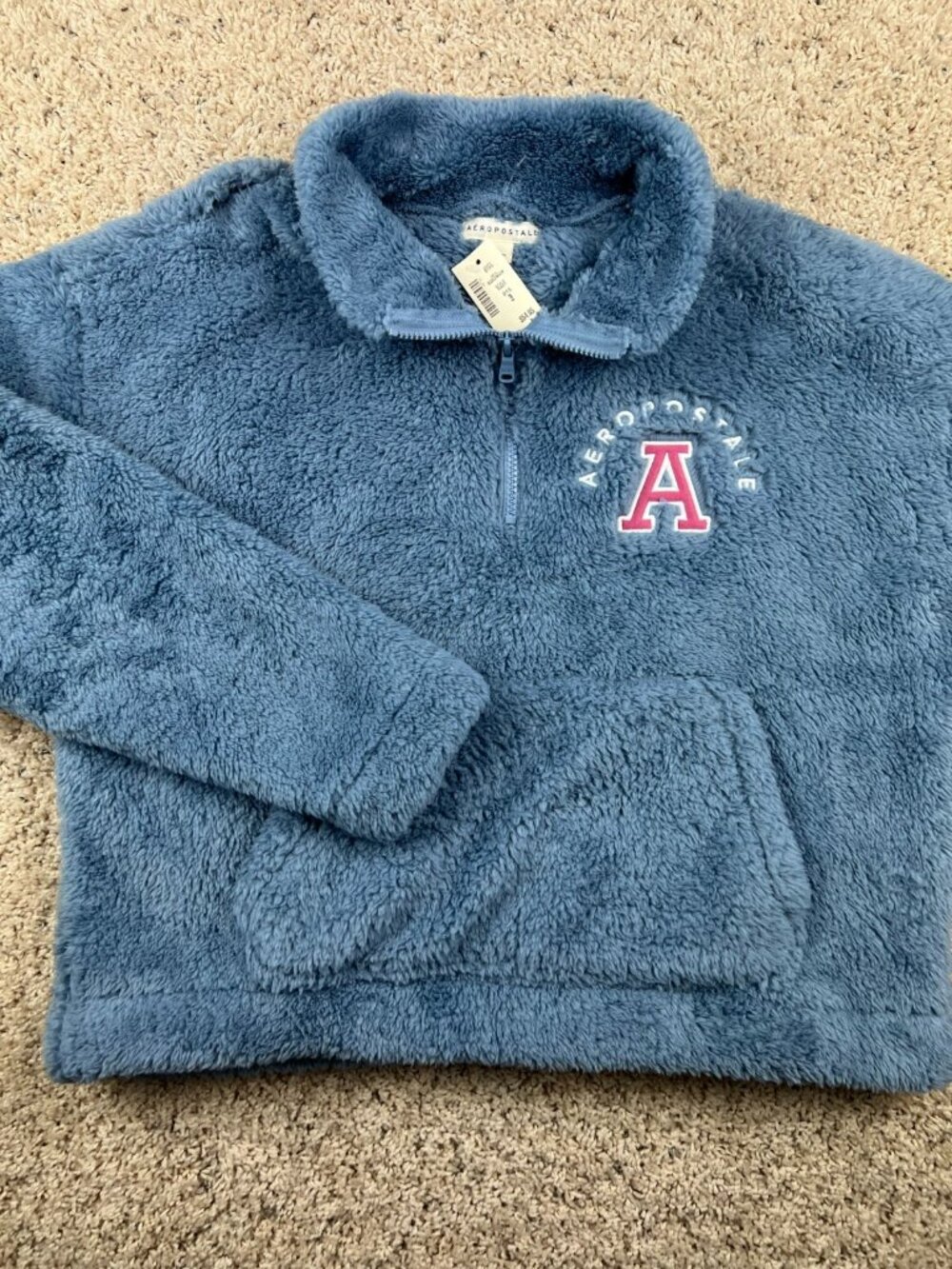 NWT Aeropostale Women's Blue Sherpa Fuzzy Soft Sweater 1/4 Zip Size Large w Logo